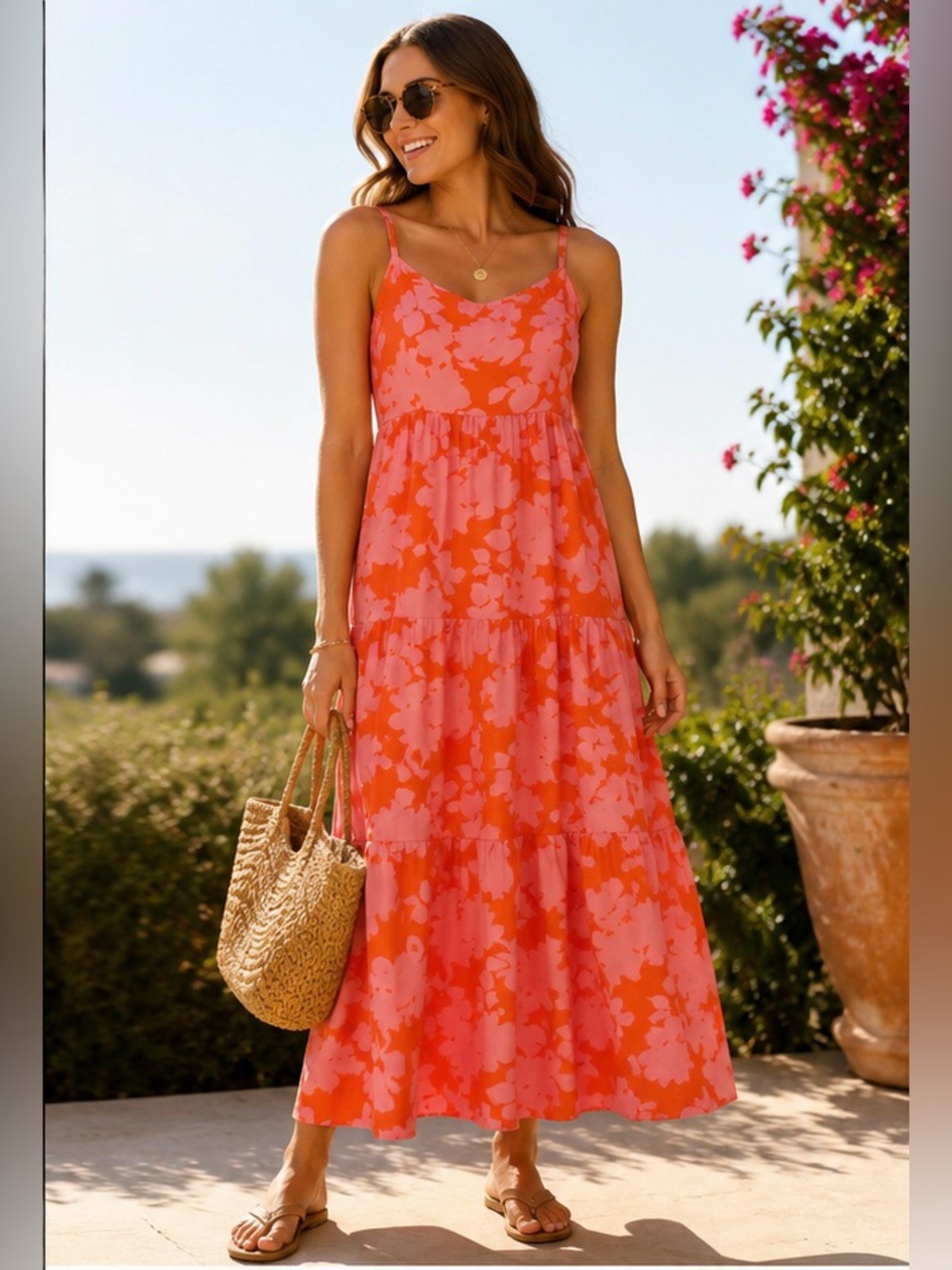 Social Standard Sanctuary Pink Orange Floral Tiered Maxi Dress Medium